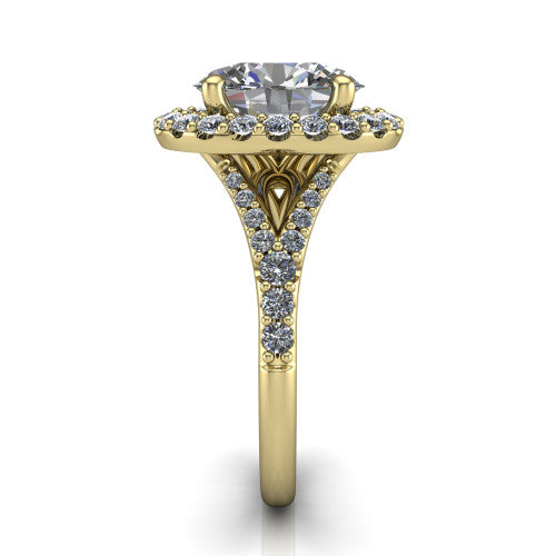 Sadie oval halo engagement ring in 18K Yellow Gold, side profile showing the pav&eacute; split shank dividing into two diamond-lined rails beneath the milgrain halo