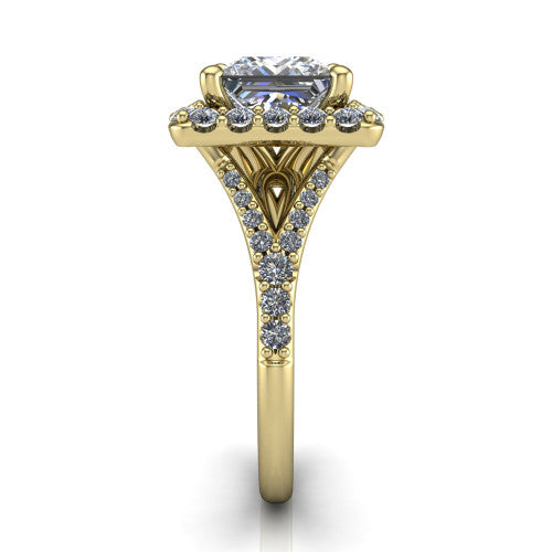 Sadie princess halo engagement ring in 14K Yellow Gold, side profile showing the pav&eacute; split shank dividing into two diamond-lined rails beneath the milgrain halo