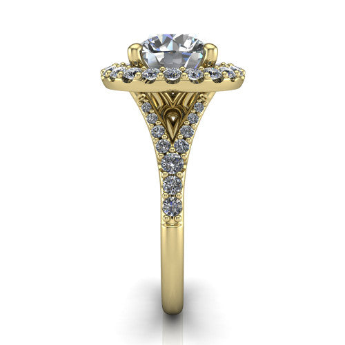 Sadie round halo engagement ring in 18K Yellow Gold, side profile showing the pav&eacute; split shank dividing into two diamond-lined rails beneath the milgrain halo