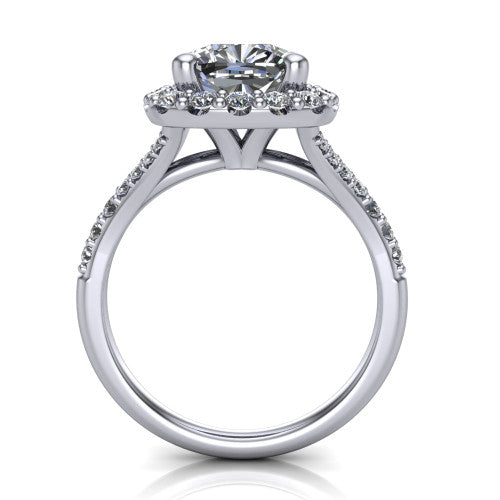Sadie cushion halo engagement ring in Platinum, through-finger front profile showing the halo head raised above the pav&eacute; split band