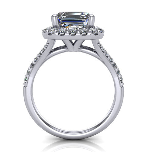 Sadie asscher halo engagement ring in 14K White Gold, through-finger front profile showing the halo head raised above the pav&eacute; split band