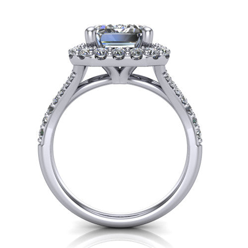 Sadie emerald halo engagement ring in Platinum, through-finger front profile showing the halo head raised above the pav&eacute; split band