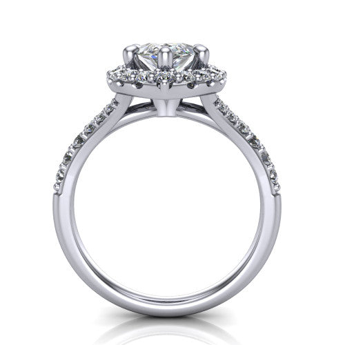 Sadie marquise halo engagement ring in Platinum, through-finger front profile showing the halo head raised above the pav&eacute; split band