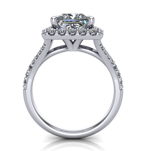 Sadie princess halo engagement ring in Platinum, through-finger front profile showing the halo head raised above the pav&eacute; split band