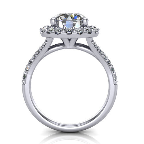 Sadie round halo engagement ring in 14K White Gold, through-finger front profile showing the halo head raised above the pav&eacute; split band