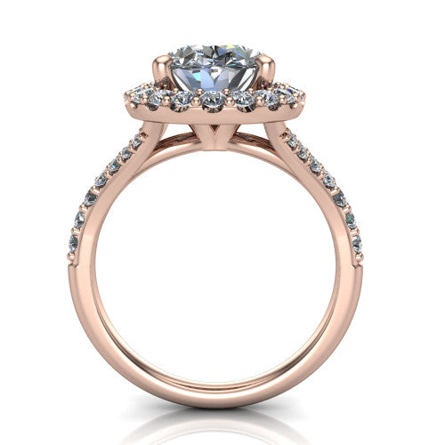 Sadie oval halo engagement ring in 14K Rose Gold, through-finger front profile showing the halo head raised above the pav&eacute; split band