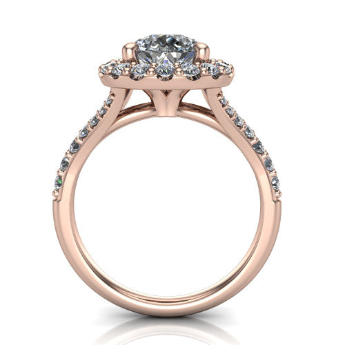 Sadie pear halo engagement ring in 14K Rose Gold, through-finger front profile showing the halo head raised above the pav&eacute; split band
