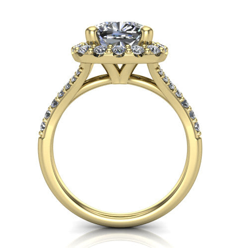 Sadie cushion halo engagement ring in 18K Yellow Gold, through-finger front profile showing the halo head raised above the pav&eacute; split band