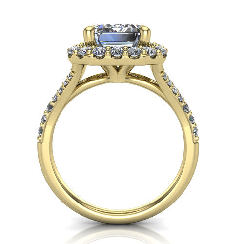 Sadie emerald halo engagement ring in 14K Yellow Gold, through-finger front profile showing the halo head raised above the pav&eacute; split band