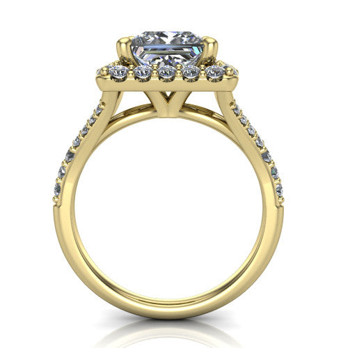 Sadie princess halo engagement ring in 18K Yellow Gold, through-finger front profile showing the halo head raised above the pav&eacute; split band