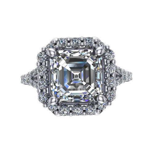 Sadie asscher halo engagement ring in 14K White Gold, top-down view showing the center diamond framed by a milgrain-edged pav&eacute; halo where the split shank meets the head