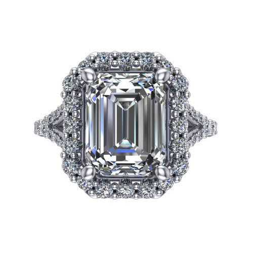 Sadie emerald halo engagement ring in 18K White Gold, top-down view showing the center diamond framed by a milgrain-edged pav&eacute; halo where the split shank meets the head