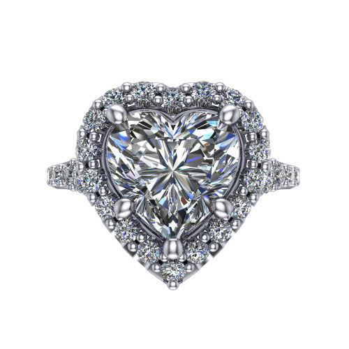 Sadie heart halo engagement ring in 18K White Gold, top-down view showing the center diamond framed by a milgrain-edged pav&eacute; halo where the split shank meets the head