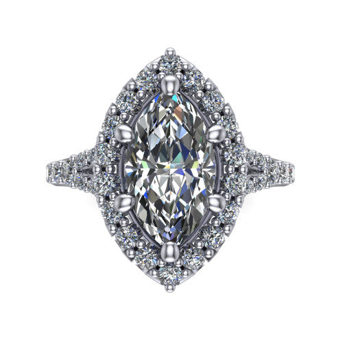 Sadie marquise halo engagement ring in 18K White Gold, top-down view showing the center diamond framed by a milgrain-edged pav&eacute; halo where the split shank meets the head