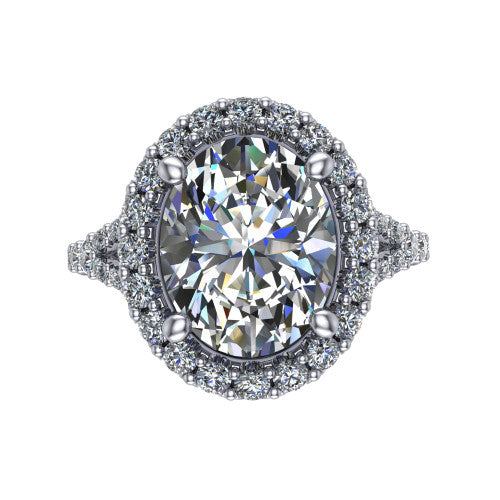 Sadie oval halo engagement ring in 18K White Gold, top-down view showing the center diamond framed by a milgrain-edged pav&eacute; halo where the split shank meets the head