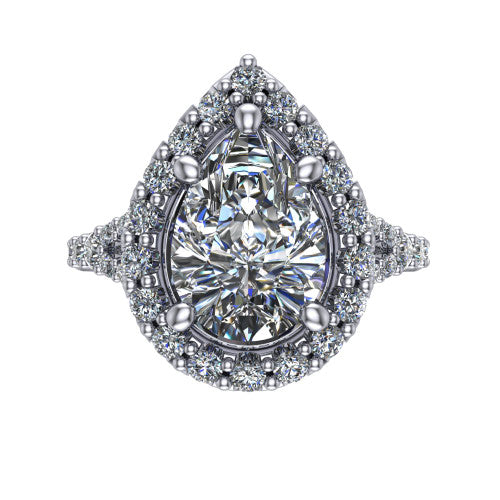 Sadie pear halo engagement ring in 14K White Gold, top-down view showing the center diamond framed by a milgrain-edged pav&eacute; halo where the split shank meets the head