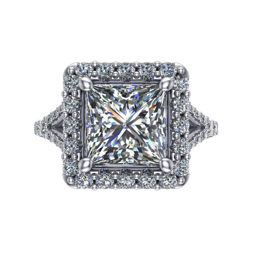 Sadie princess halo engagement ring in 18K White Gold, top-down view showing the center diamond framed by a milgrain-edged pav&eacute; halo where the split shank meets the head
