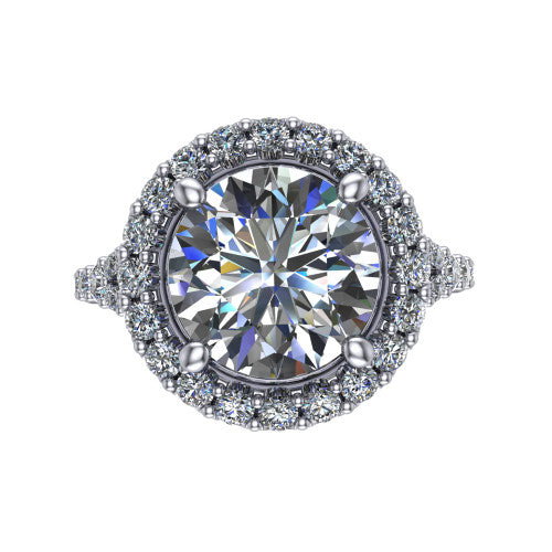 Sadie round halo engagement ring in 14K White Gold, top-down view showing the center diamond framed by a milgrain-edged pav&eacute; halo where the split shank meets the head