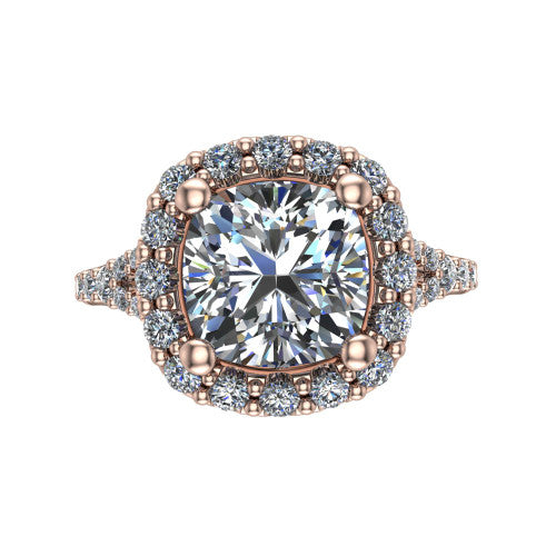 Sadie cushion halo engagement ring in 18K Rose Gold, top-down view showing the center diamond framed by a milgrain-edged pav&eacute; halo where the split shank meets the head