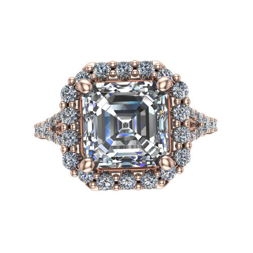 Sadie asscher halo engagement ring in 18K Rose Gold, top-down view showing the center diamond framed by a milgrain-edged pav&eacute; halo where the split shank meets the head