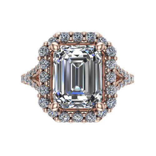 Sadie emerald halo engagement ring in 18K Rose Gold, top-down view showing the center diamond framed by a milgrain-edged pav&eacute; halo where the split shank meets the head