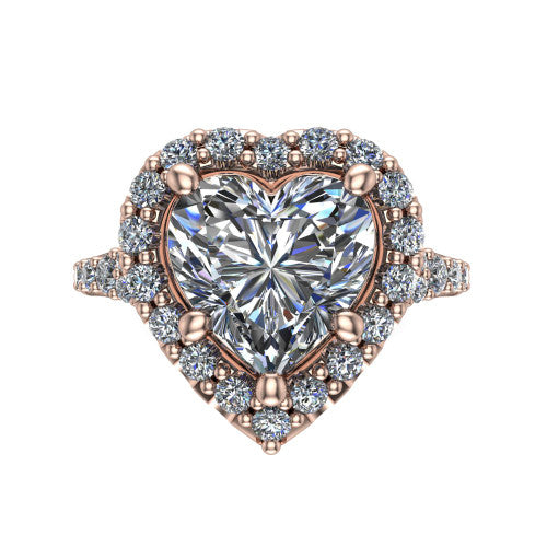 Sadie heart halo engagement ring in 14K Rose Gold, top-down view showing the center diamond framed by a milgrain-edged pav&eacute; halo where the split shank meets the head