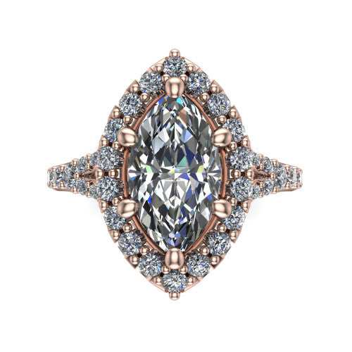 Sadie marquise halo engagement ring in 18K Rose Gold, top-down view showing the center diamond framed by a milgrain-edged pav&eacute; halo where the split shank meets the head