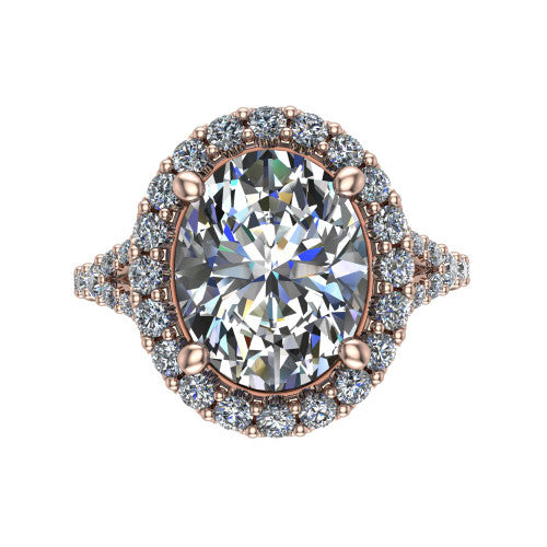 Sadie oval halo engagement ring in 14K Rose Gold, top-down view showing the center diamond framed by a milgrain-edged pav&eacute; halo where the split shank meets the head