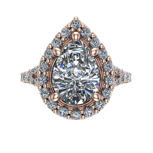 Sadie pear halo engagement ring in 14K Rose Gold, top-down view showing the center diamond framed by a milgrain-edged pav&eacute; halo where the split shank meets the head