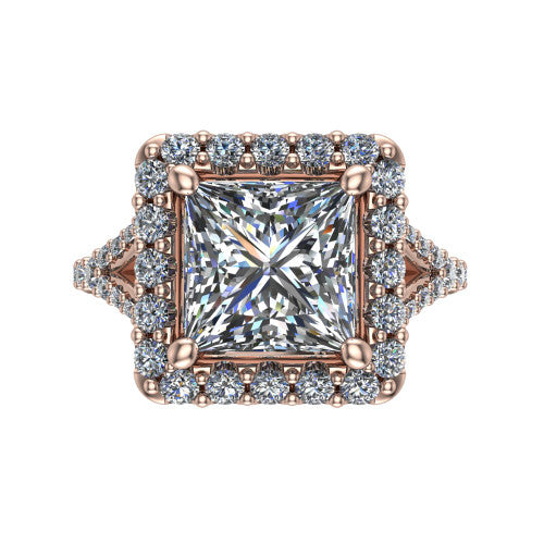 Sadie princess halo engagement ring in 14K Rose Gold, top-down view showing the center diamond framed by a milgrain-edged pav&eacute; halo where the split shank meets the head