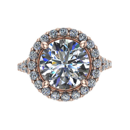Sadie round halo engagement ring in 18K Rose Gold, top-down view showing the center diamond framed by a milgrain-edged pav&eacute; halo where the split shank meets the head