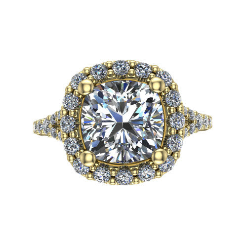 Sadie cushion halo engagement ring in 14K Yellow Gold, top-down view showing the center diamond framed by a milgrain-edged pav&eacute; halo where the split shank meets the head