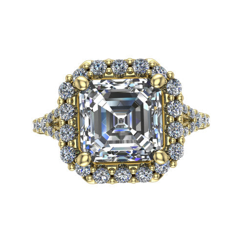 Sadie asscher halo engagement ring in 18K Yellow Gold, top-down view showing the center diamond framed by a milgrain-edged pav&eacute; halo where the split shank meets the head