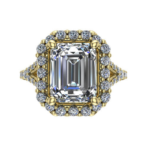 Sadie emerald halo engagement ring in 18K Yellow Gold, top-down view showing the center diamond framed by a milgrain-edged pav&eacute; halo where the split shank meets the head