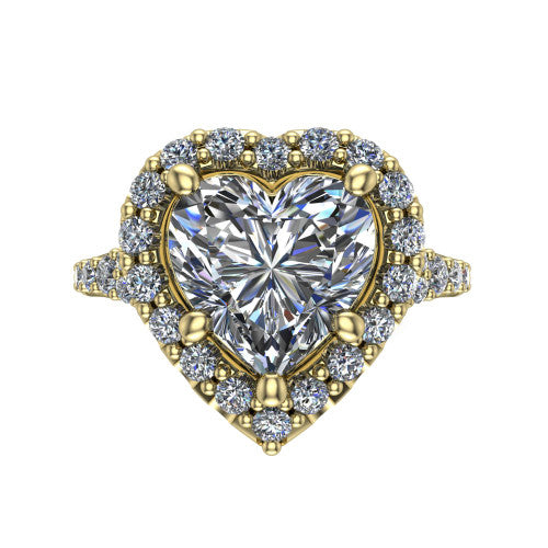 Sadie heart halo engagement ring in 14K Yellow Gold, top-down view showing the center diamond framed by a milgrain-edged pav&eacute; halo where the split shank meets the head