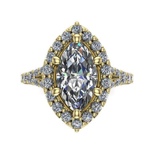 Sadie marquise halo engagement ring in 14K Yellow Gold, top-down view showing the center diamond framed by a milgrain-edged pav&eacute; halo where the split shank meets the head