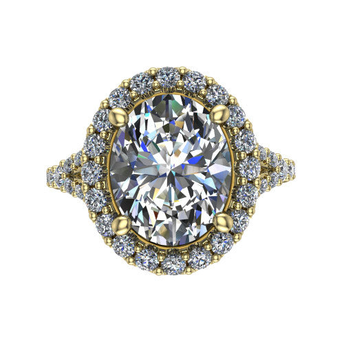 Sadie oval halo engagement ring in 18K Yellow Gold, top-down view showing the center diamond framed by a milgrain-edged pav&eacute; halo where the split shank meets the head