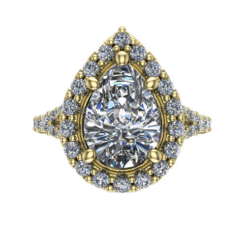 Sadie pear halo engagement ring in 14K Yellow Gold, top-down view showing the center diamond framed by a milgrain-edged pav&eacute; halo where the split shank meets the head