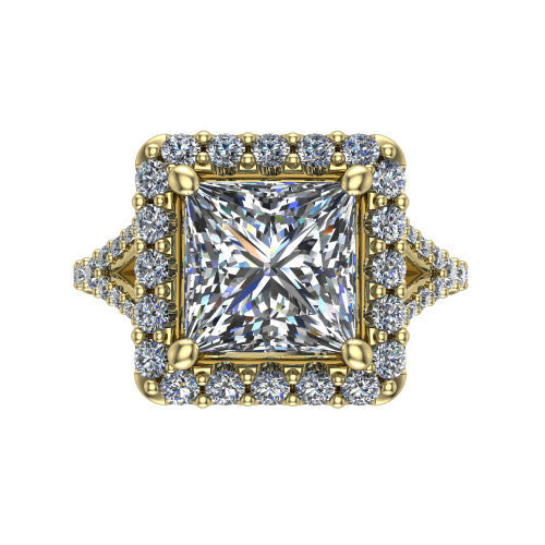 Sadie princess halo engagement ring in 14K Yellow Gold, top-down view showing the center diamond framed by a milgrain-edged pav&eacute; halo where the split shank meets the head