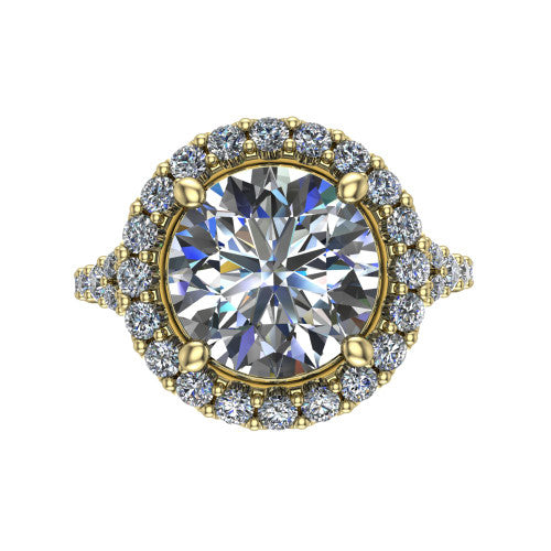 Sadie round halo engagement ring in 18K Yellow Gold, top-down view showing the center diamond framed by a milgrain-edged pav&eacute; halo where the split shank meets the head