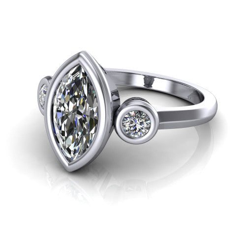 Daisy marquise three stone engagement ring in Platinum, three-quarter perspective showing the bezel-set center between two bezel-set round side stones on a slim polished band