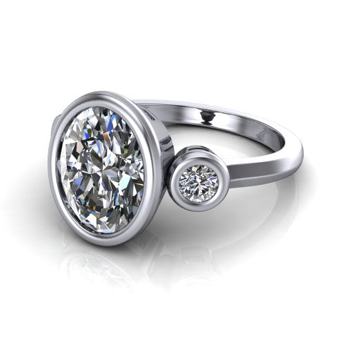 Daisy oval three stone engagement ring in 14K White Gold, three-quarter perspective showing the bezel-set center between two bezel-set round side stones on a slim polished band