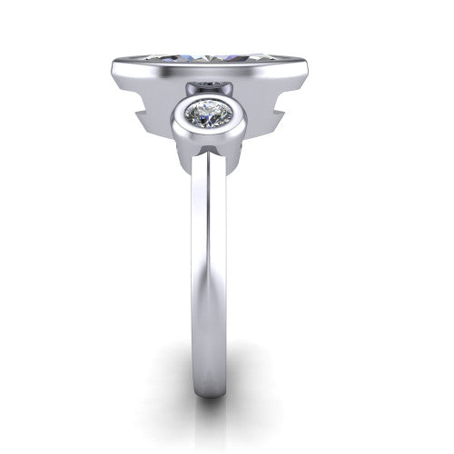 Daisy marquise three stone engagement ring in 14K White Gold, side profile showing the bezel-set round side stone and the smooth polished band