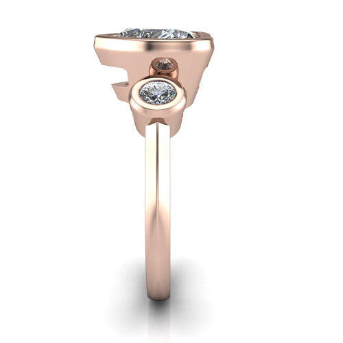Daisy heart three stone engagement ring in 18K Rose Gold, side profile showing the bezel-set round side stone and the smooth polished band