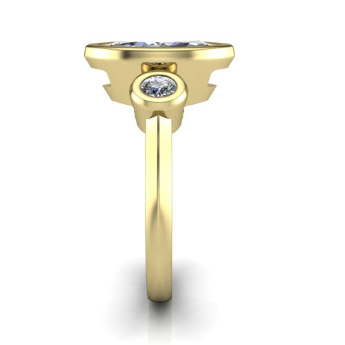 Daisy marquise three stone engagement ring in 18K Yellow Gold, side profile showing the bezel-set round side stone and the smooth polished band