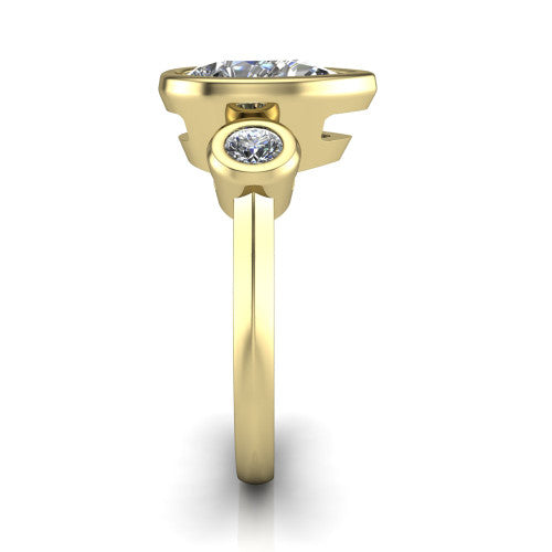 Daisy pear three stone engagement ring in 18K Yellow Gold, side profile showing the bezel-set round side stone and the smooth polished band