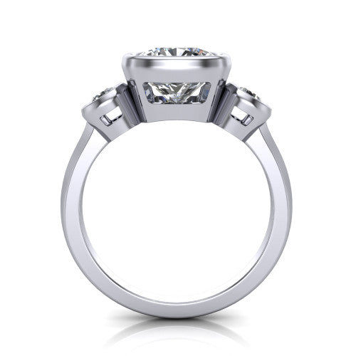 Daisy cushion three stone engagement ring in Platinum, through-finger front profile showing the three-stone bezel head raised above the slim polished shank