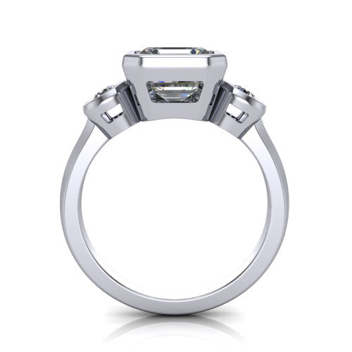 Daisy asscher three stone engagement ring in 18K White Gold, through-finger front profile showing the three-stone bezel head raised above the slim polished shank