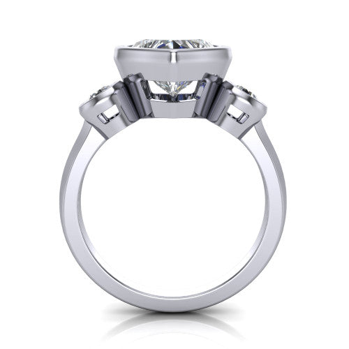 Daisy heart three stone engagement ring in 18K White Gold, top-down view showing the bezel-set center diamond flanked by two round bezel-set side stones