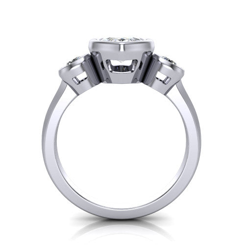 Daisy marquise three stone engagement ring in Platinum, through-finger front profile showing the three-stone bezel head raised above the slim polished shank